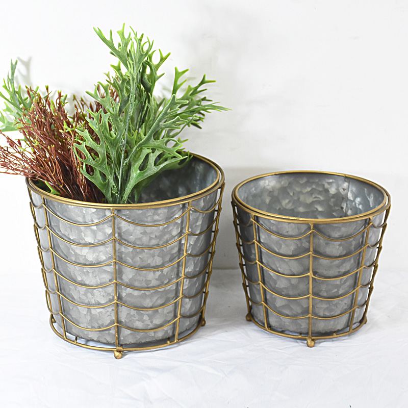 Vintage Tapered Galvanized Pails Planter Pot with Metal Wire Basket