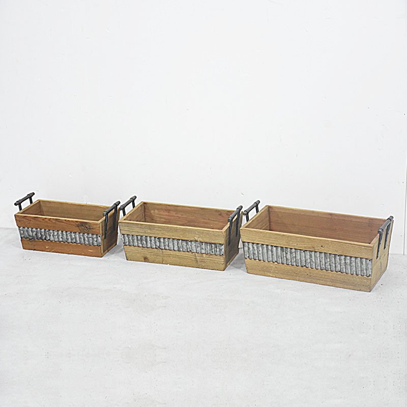 Stacking Set 3 Metal Handles Tapered Wooden Crate with Waved Zinc Details