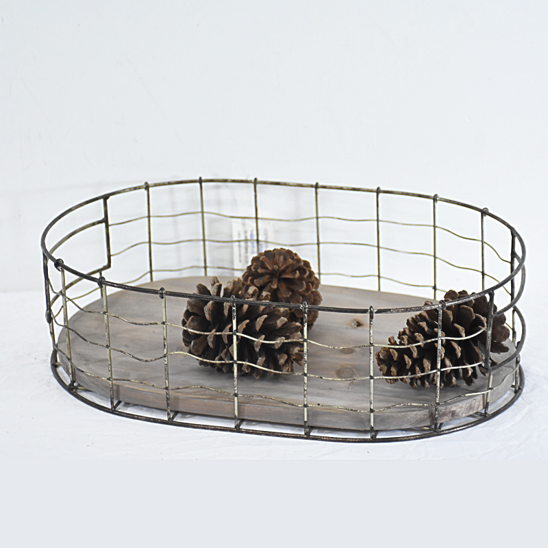 Europe simple wood and metal wire storage basket for kitchen organization