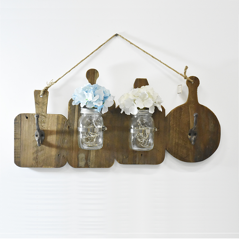 Rustic Reclaimed Barn Cuting board wood signs With A Lighted Glass Jar Vase