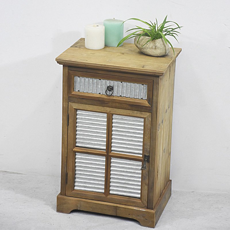 New Arrival Small Vintage Rustic Farmhouse Wooden Nightstand Cabinet with Galvanized Sheet