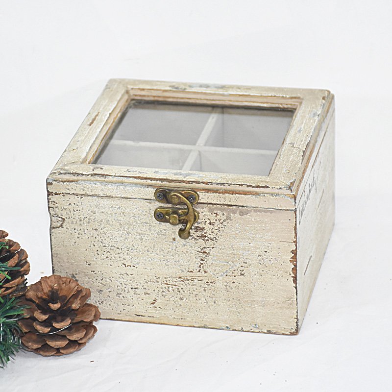 4 Compartments Glass Lid Rustic Shabby Chic Wooden Box