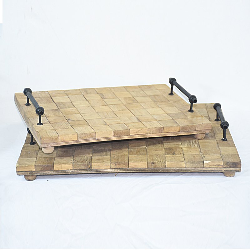 Set 2 Rustic Handmade Flat Wood Tray with Metal Handles