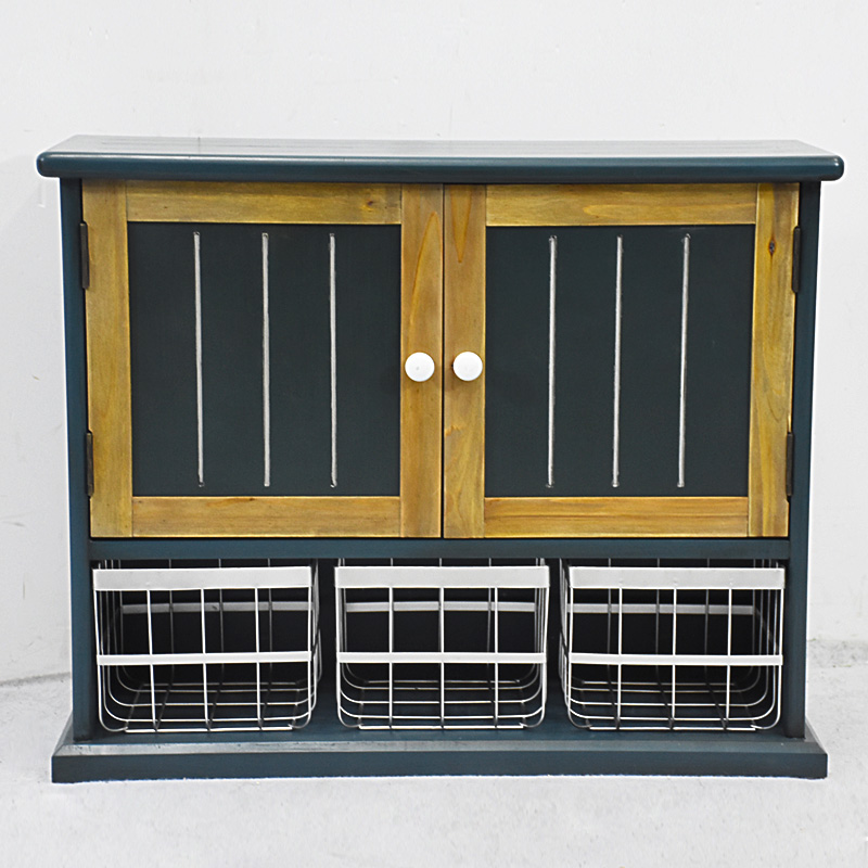 Antique Dark Blue Wooden Wall Sotrage cabinet with 3 Metal Basket