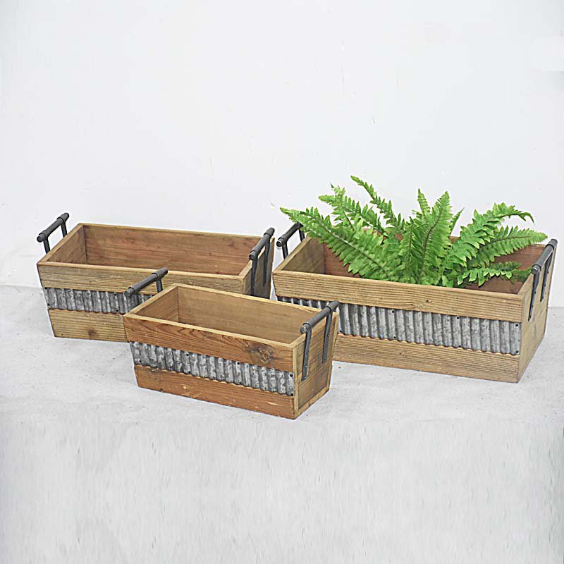Stacking Set 3 Metal Handles Tapered Wooden Crate with Waved Zinc Details