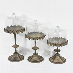 Set 3 Shabby Chic Vintage Metal Cake Stand with Glass Dome