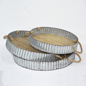 Vintage Rustic Round Zinc And Wood Serving Tray Set