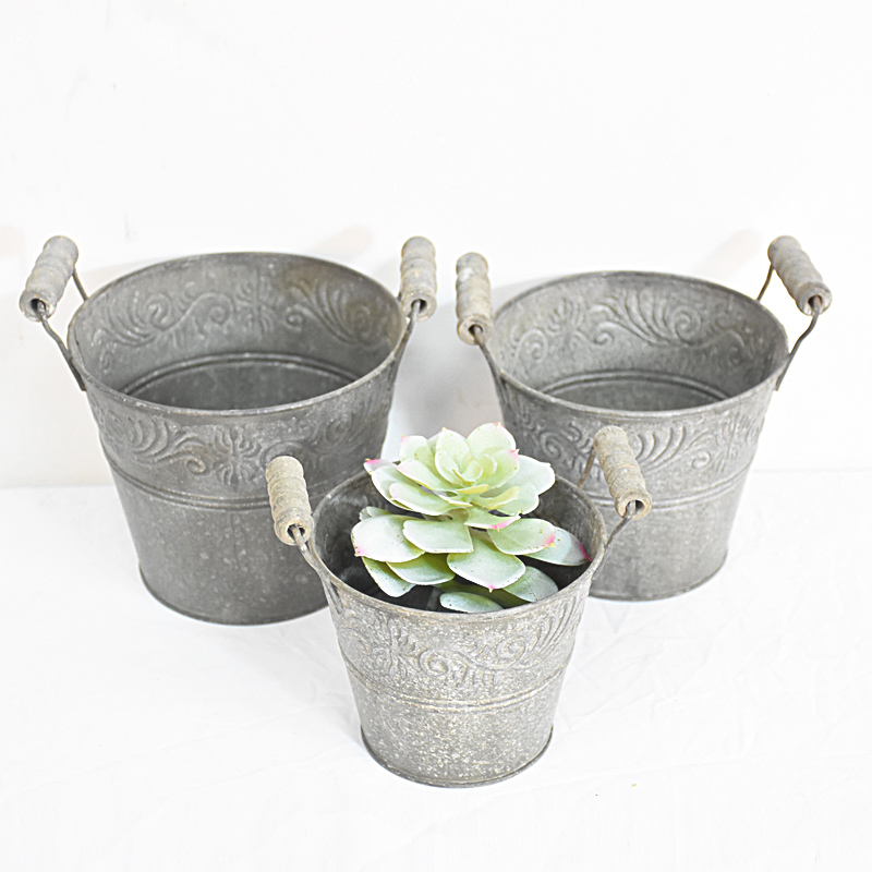 Set 2 Mini Galvanized Distressed Metal Tin Flower Planter Pot