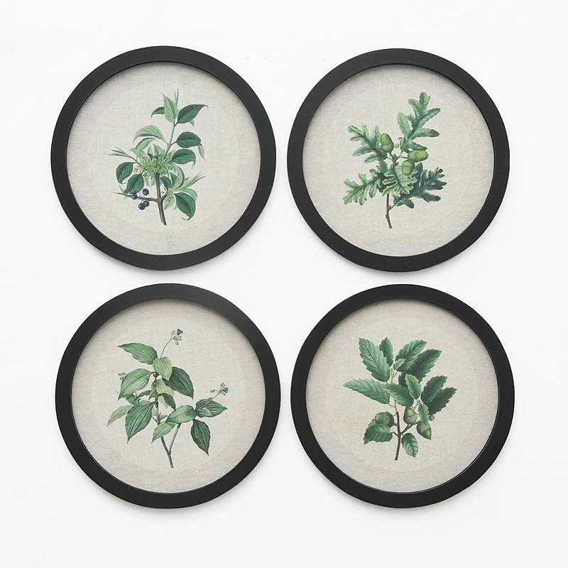 Customized Wholesale Rustic Farmhouse Round Botanical Wood Framed Linen Canvas Wall Art Print for Living Room Bedroom Home Decor