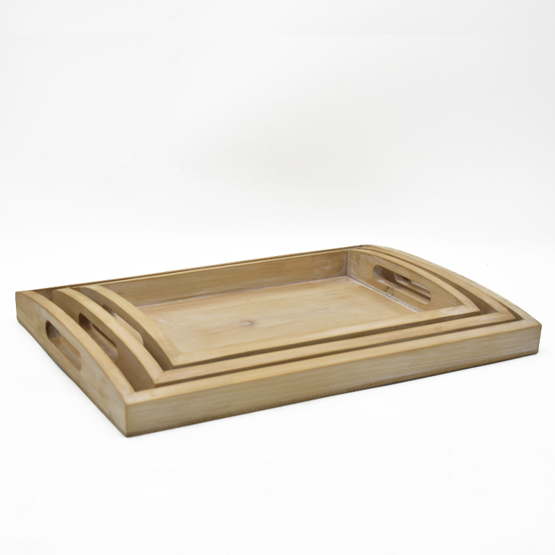 Set of 3 Nesting Wooden Serving Trays with Cutout Handles, Distressed Natural Wood Trays for Coffee Table, Kitchen, Dining & Farmhouse Decor