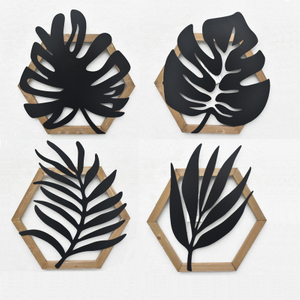 set of 4 Farmhouse Home Interior House Decor Luxury Hexagon Wood Frame Metal Iron Hanging Flower Leaf Art Home Wall Decor for Living Room