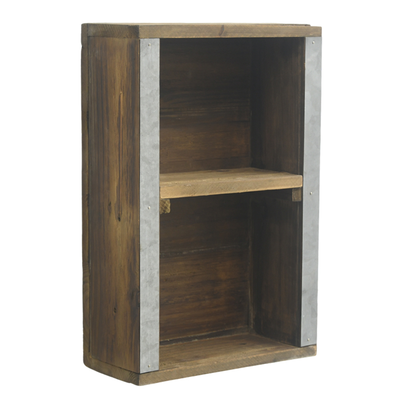 Rustic Distressed Wood Wall Cabinet with Galvanized Metal Trim, 2-Tier Farmhouse Floating Storage Shelf