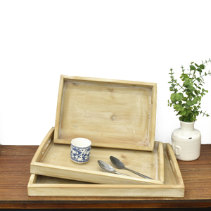 Set of 3 Nesting Wooden Serving Trays with Cutout Handles, Distressed Natural Wood Trays for Coffee Table, Kitchen, Dining & Farmhouse Decor