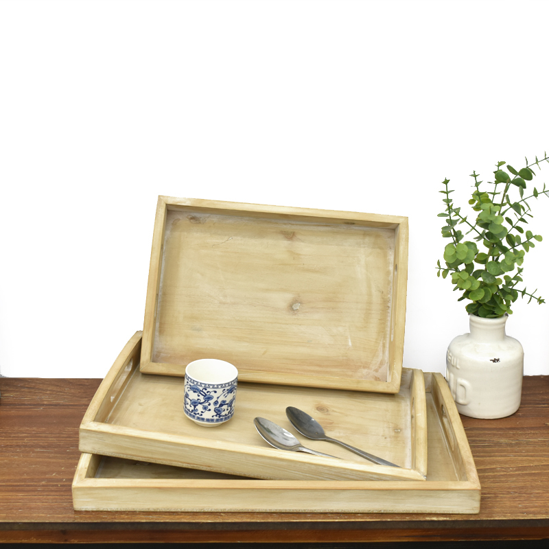 Set of 3 Nesting Wooden Serving Trays with Cutout Handles, Distressed Natural Wood Trays for Coffee Table, Kitchen, Dining & Farmhouse Decor