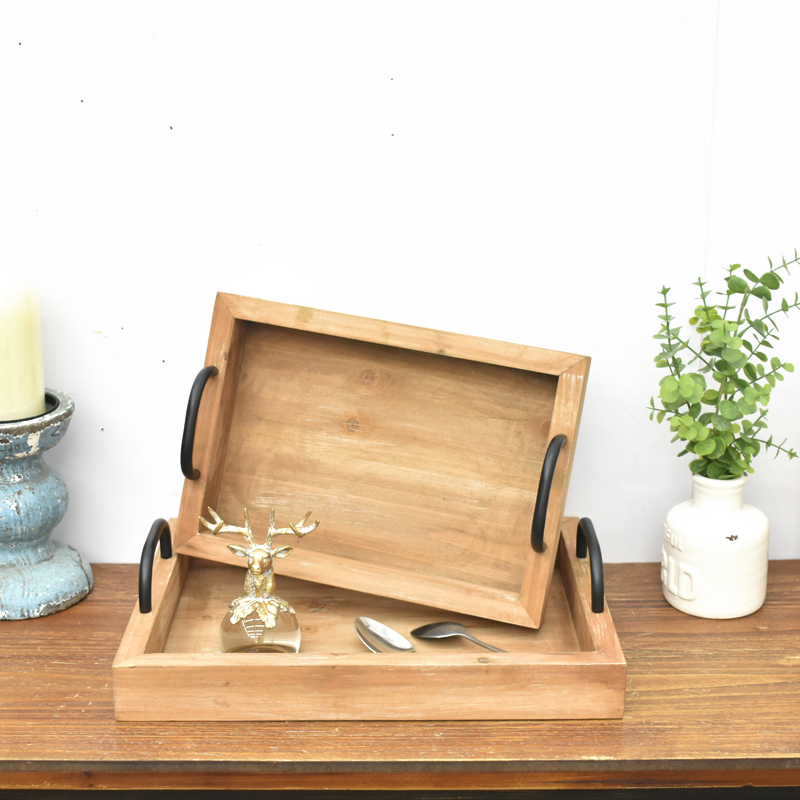 Set of 2 Distressed Wood Serving Trays with Metal Handles