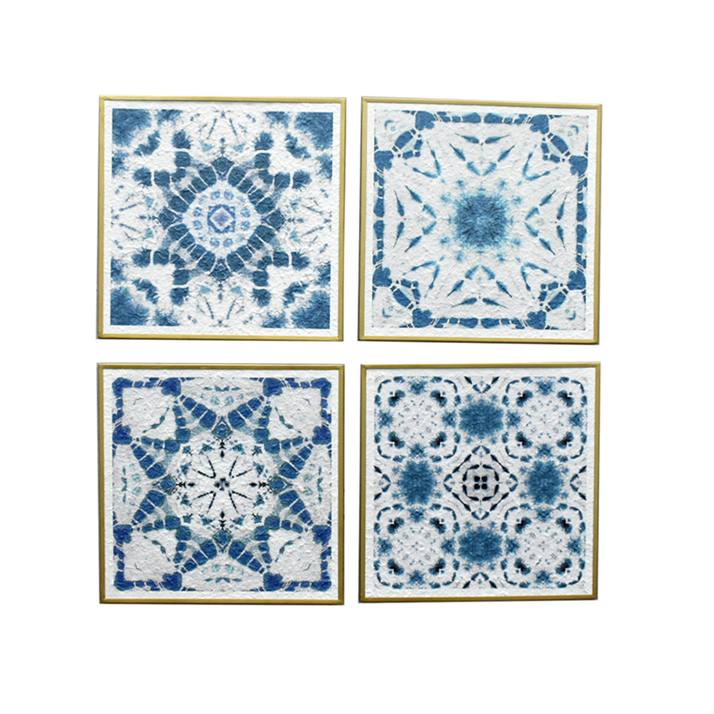 Factory Wholesale Sets of 4 Vintage Flowers Pattern Blue Paper Prints Metal Framed Abstract Wall Art for Bedroom Boho Wall Decor Artwork 