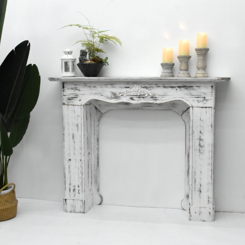 Distressed White Decorative Fireplace Mantel, Vintage Wooden Fireplace Surround Frame, Shabby Chic Fireplace Mantel Shelf for Home Decor & Photo Backdrop