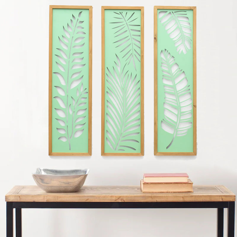 Nordic Living Room Wood Framed Metal Carved Wall Panel Leaf Plant Luxury Wall Art Home Decoration Items Wall Hanging Art Decor