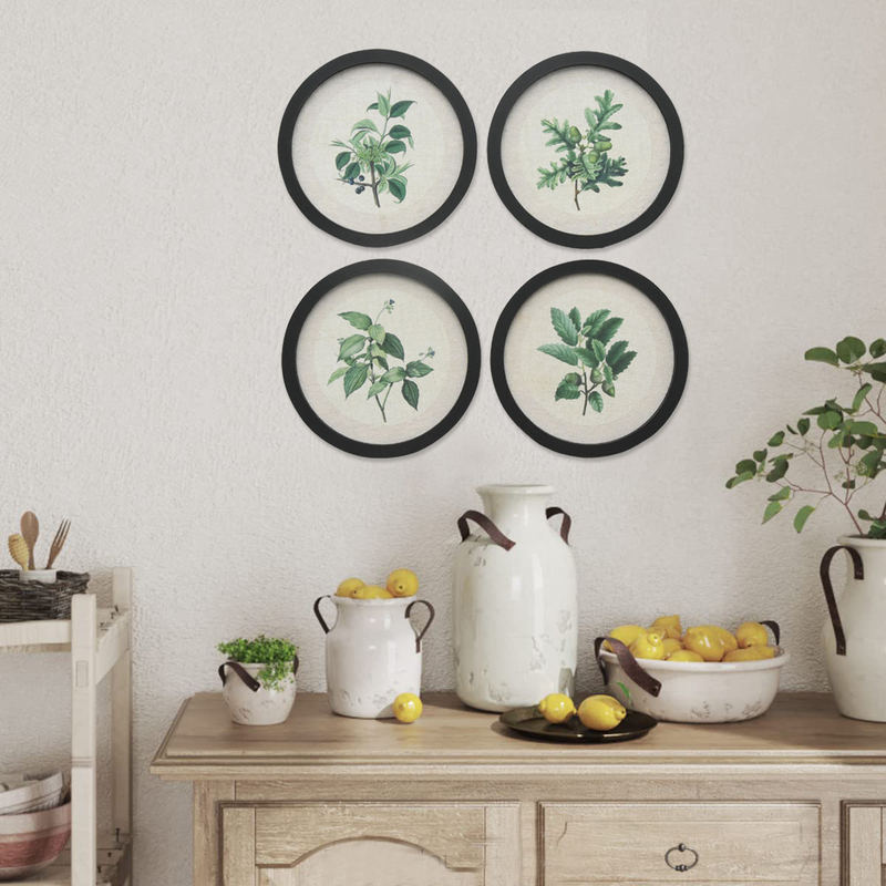 Customized Wholesale Rustic Farmhouse Round Botanical Wood Framed Linen Canvas Wall Art Print for Living Room Bedroom Home Decor