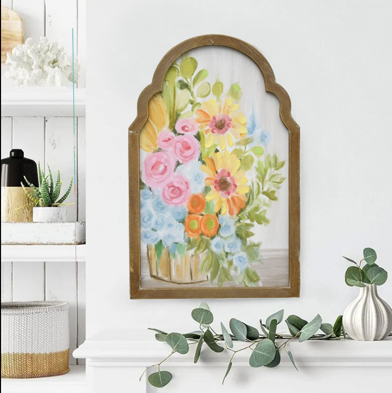 Art Factory Custom Hand Painted Farmhouse Wooden Arch Frame Flower Oil Painting Canvas Vintage Wall Hanging Home Decor Wall Art