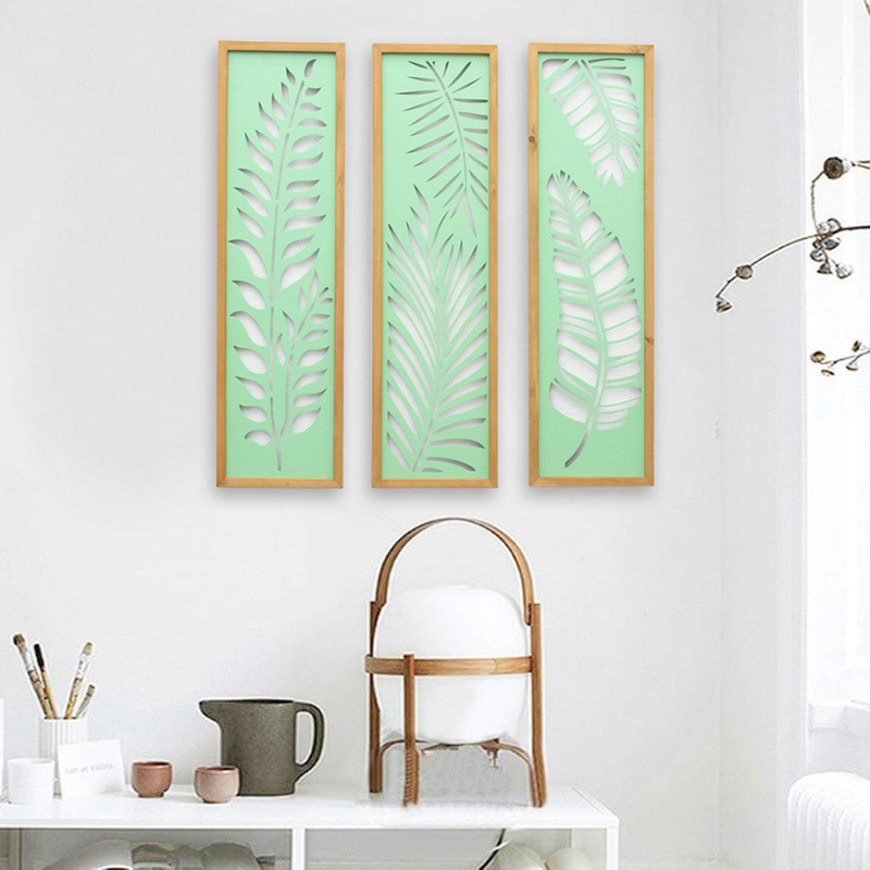 Nordic Living Room Wood Framed Metal Carved Wall Panel Leaf Plant Luxury Wall Art Home Decoration Items Wall Hanging Art Decor