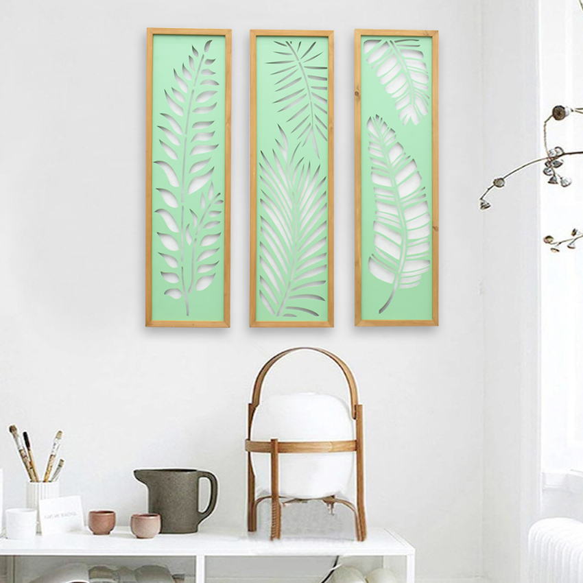 Nordic Living Room Wood Framed Metal Carved Wall Panel Leaf Plant Luxury Wall Art Home Decoration Items Wall Hanging Art Decor