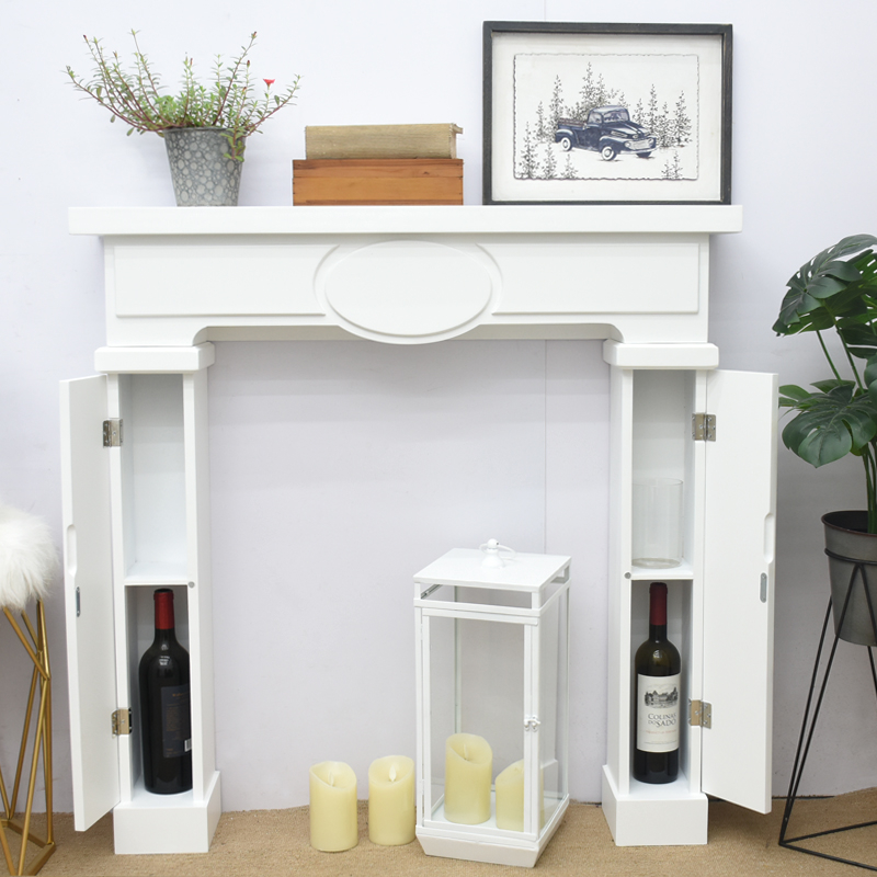 White Decorative Faux Fireplace Surround Mantel, Freestanding Fireplace Frame with Side Wine Storage Cabinet, Farmhouse Fireplace Mantel Shelf for Home Decor Photo Prop