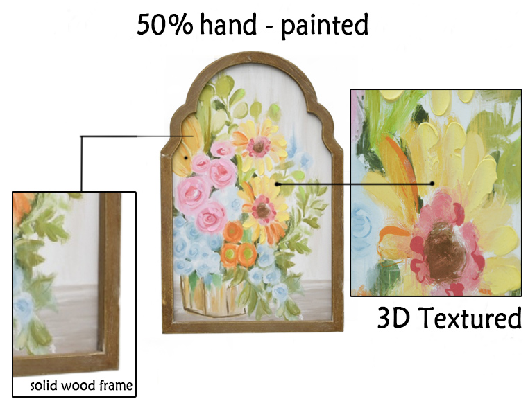 Art Factory Custom Hand Painted Farmhouse Wooden Arch Frame Flower Oil Painting Canvas Vintage Wall Hanging Home Decor Wall Art
