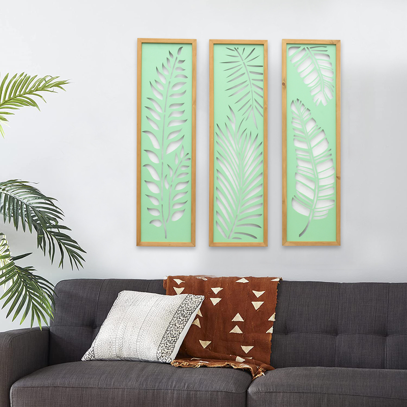 Nordic Living Room Wood Framed Metal Carved Wall Panel Leaf Plant Luxury Wall Art Home Decoration Items Wall Hanging Art Decor