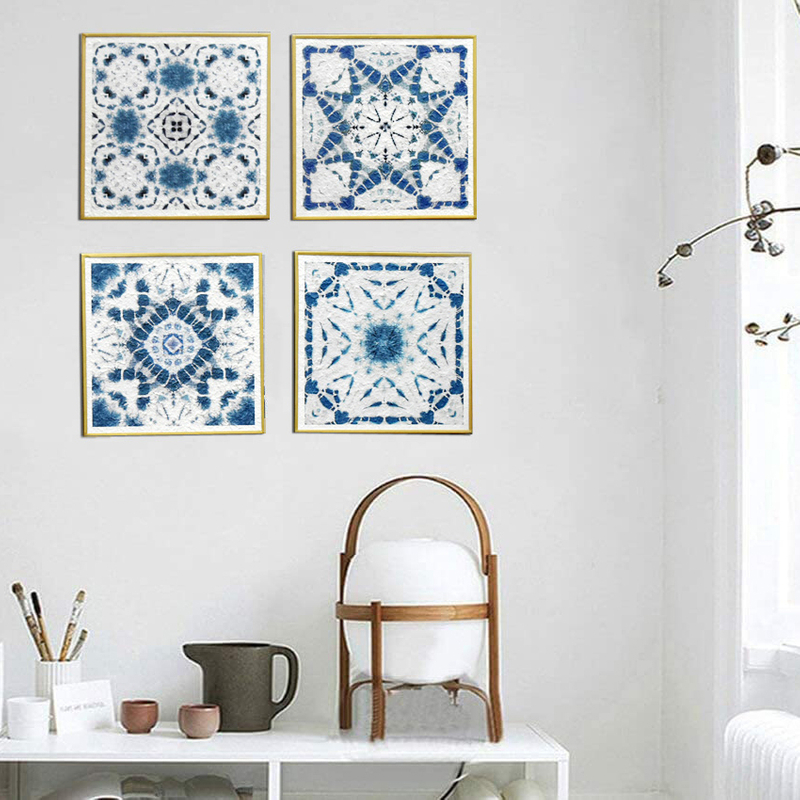 Factory Wholesale Sets of 4 Vintage Flowers Pattern Blue Paper Prints Metal Framed Abstract Wall Art for Bedroom Boho Wall Decor Artwork 