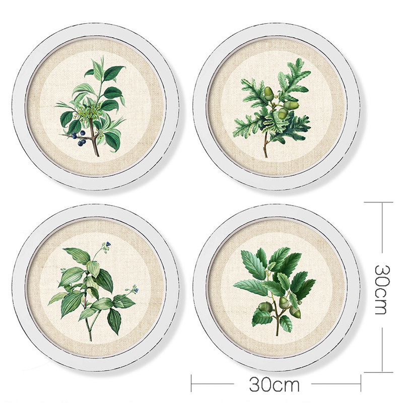 Customized Wholesale Rustic Farmhouse Round Botanical Wood Framed Linen Canvas Wall Art Print for Living Room Bedroom Home Decor