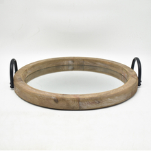 Round Distressed Wood Mirror Serving Tray with Black Metal Handles, Rustic Farmhouse Decorative Tray for Coffee Table, Vanity, Living Room