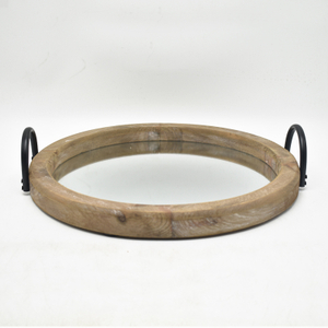 Round Distressed Wood Mirror Serving Tray with Black Metal Handles, Rustic Farmhouse Decorative Tray for Coffee Table, Vanity, Living Room