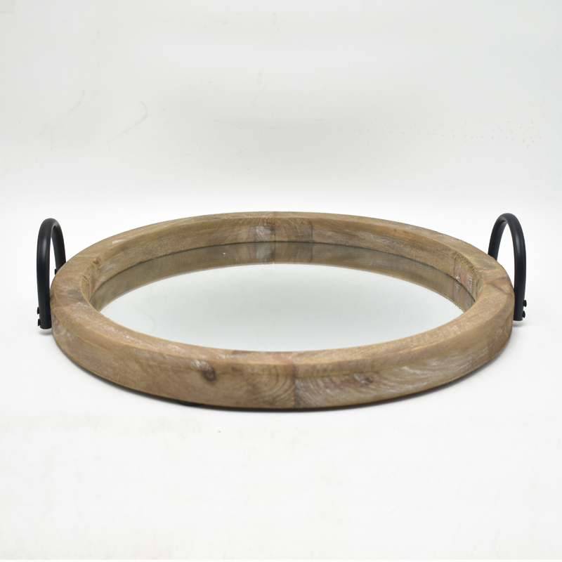 Round Distressed Wood Mirror Serving Tray with Black Metal Handles, Rustic Farmhouse Decorative Tray for Coffee Table, Vanity, Living Room