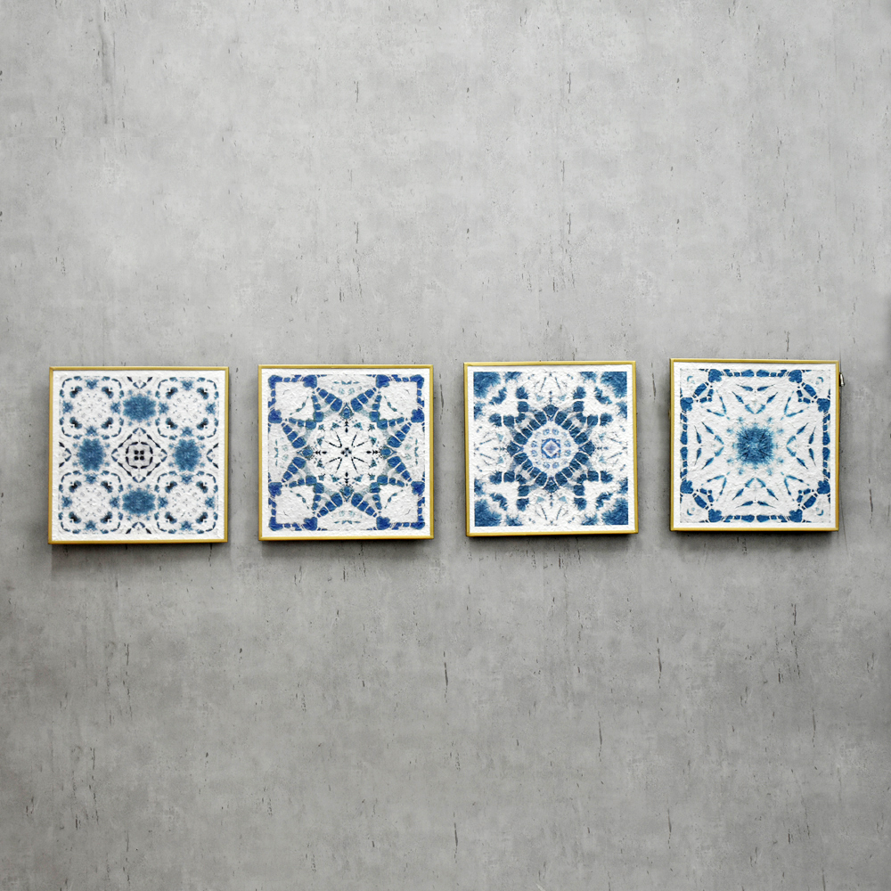 Factory Wholesale Sets of 4 Vintage Flowers Pattern Blue Paper Prints Metal Framed Abstract Wall Art for Bedroom Boho Wall Decor Artwork 