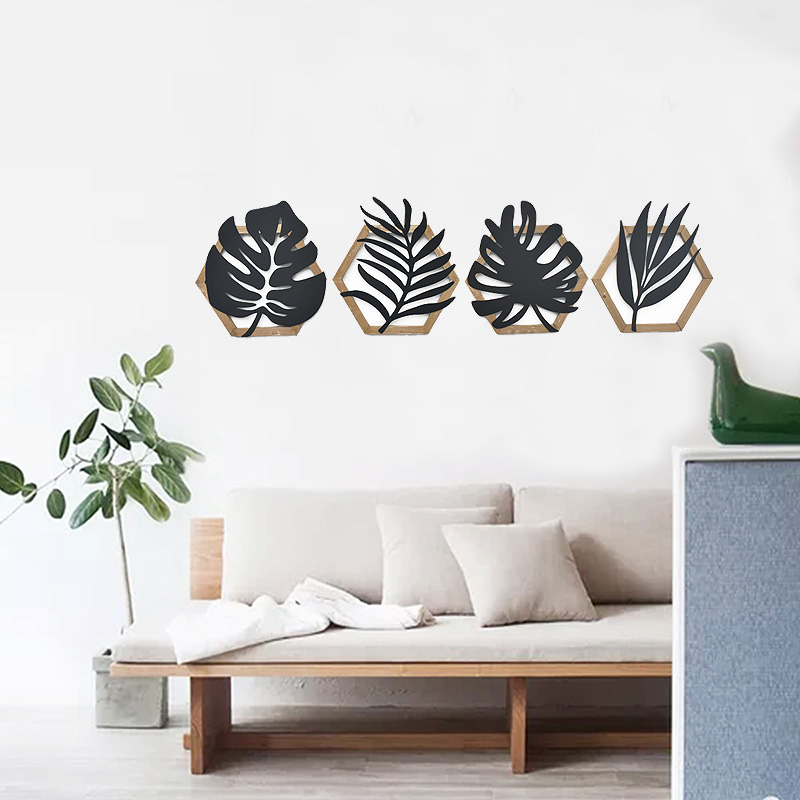 set of 4 Farmhouse Home Interior House Decor Luxury Hexagon Wood Frame Metal Iron Hanging Flower Leaf Art Home Wall Decor for Living Room