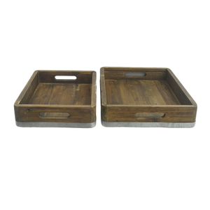 Rectangular Vintage Wood Serving Tray with Galvanized Metal Base, Cutout Handles
