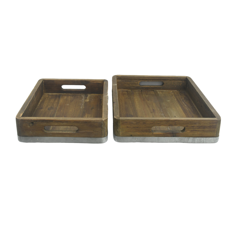 Rectangular Vintage Wood Serving Tray with Galvanized Metal Base, Cutout Handles
