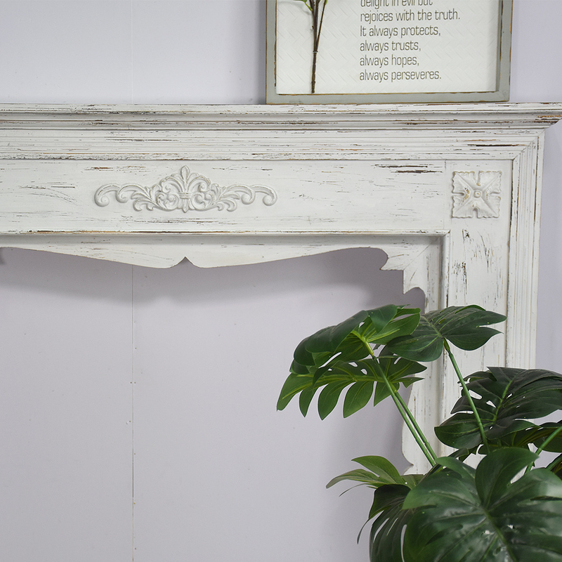 Luckywind Home Decor French Style Rustic Indoor Decorative Fireplace Surround Shabby Chic Distressed White Wood Mantel Shelf Manufacturer
