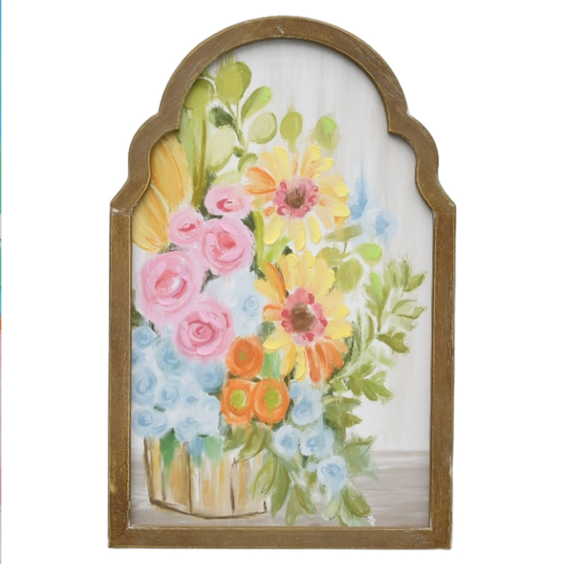 Art Factory Custom Hand Painted Farmhouse Wooden Arch Frame Flower Oil Painting Canvas Vintage Wall Hanging Home Decor Wall Art