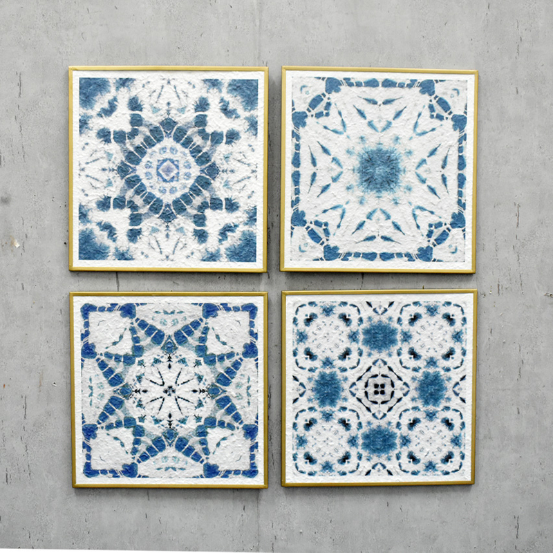 Factory Wholesale Sets of 4 Vintage Flowers Pattern Blue Paper Prints Metal Framed Abstract Wall Art for Bedroom Boho Wall Decor Artwork 