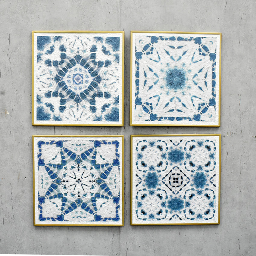 Factory Wholesale Sets of 4 Vintage Flowers Pattern Blue Paper Prints Metal Framed Abstract Wall Art for Bedroom Boho Wall Decor Artwork 