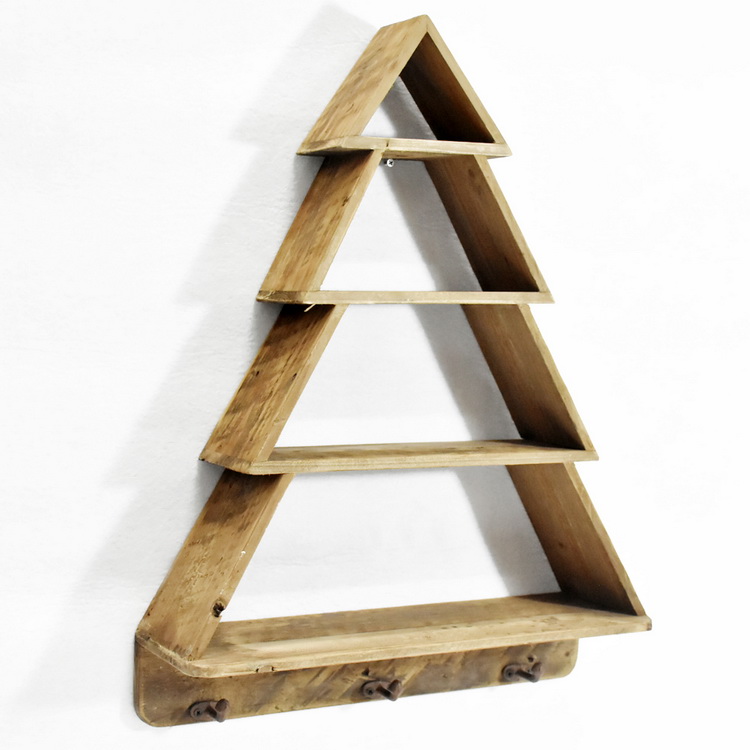 4 Tier Christmas Tree Shape Reproduction Furniture Wooden Wall Shelf Floating, Farmhouse Style Rustic Floating Shelf With Hook 