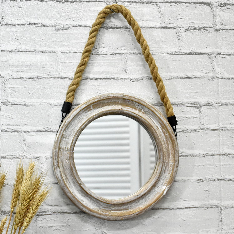Luckywind Rope Hanging Vintage Rustic Wooden Hand Home Craft decorative Small Round Mirrors 
